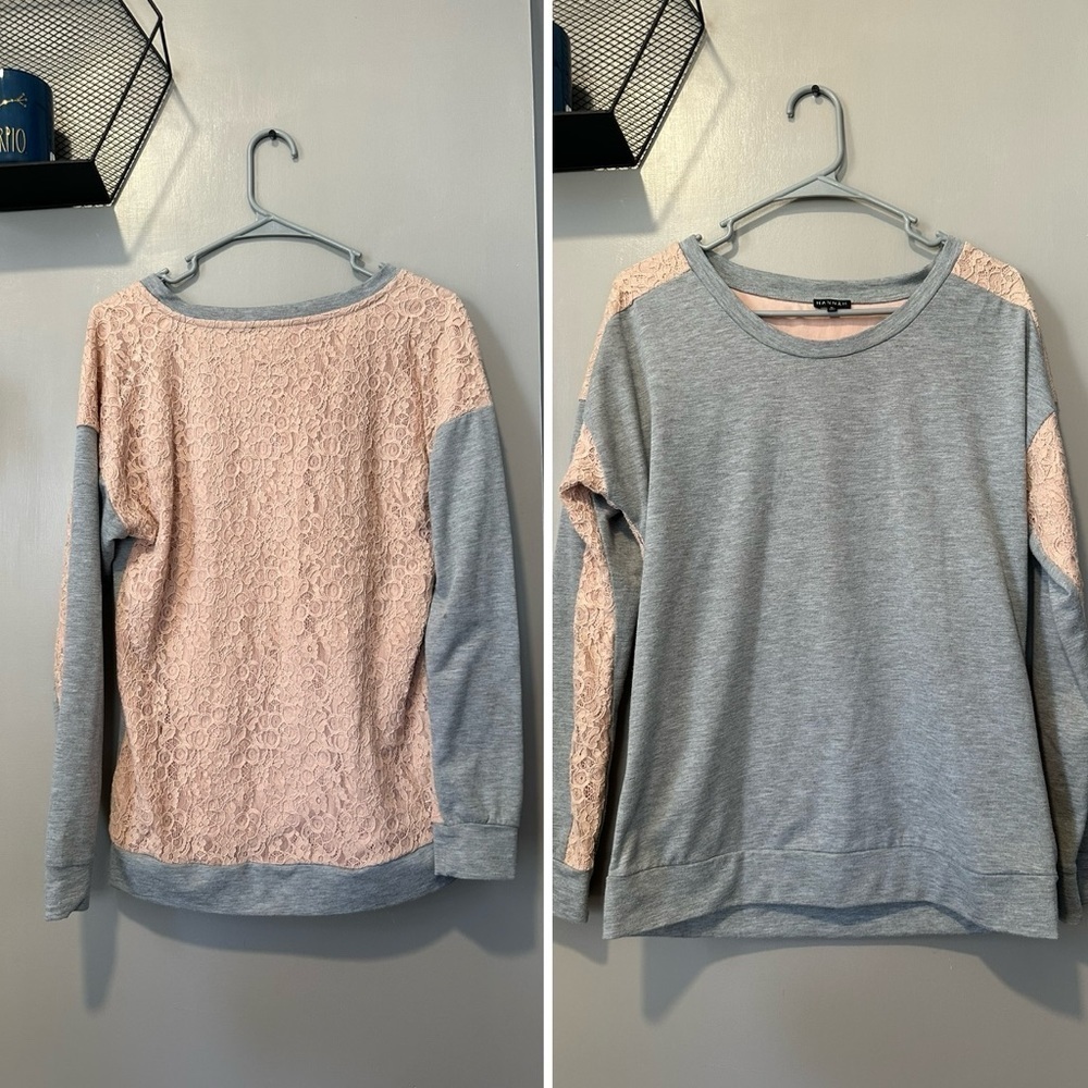 Women’s Hannah Gray Top with pink Crochet on Sleeves and back – Size M